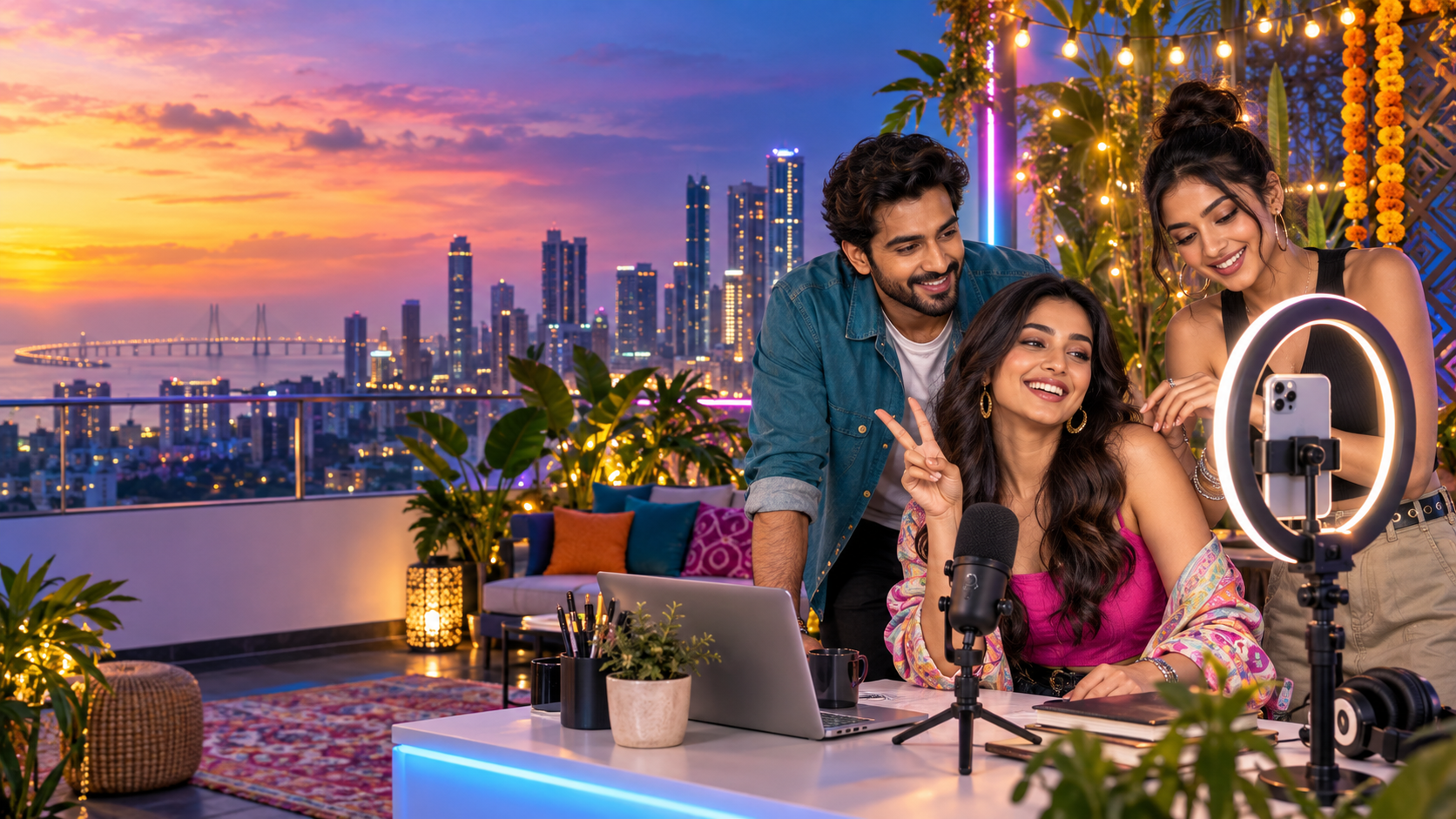 Indian creators preparing a live broadcast on a colorful Mumbai rooftop
